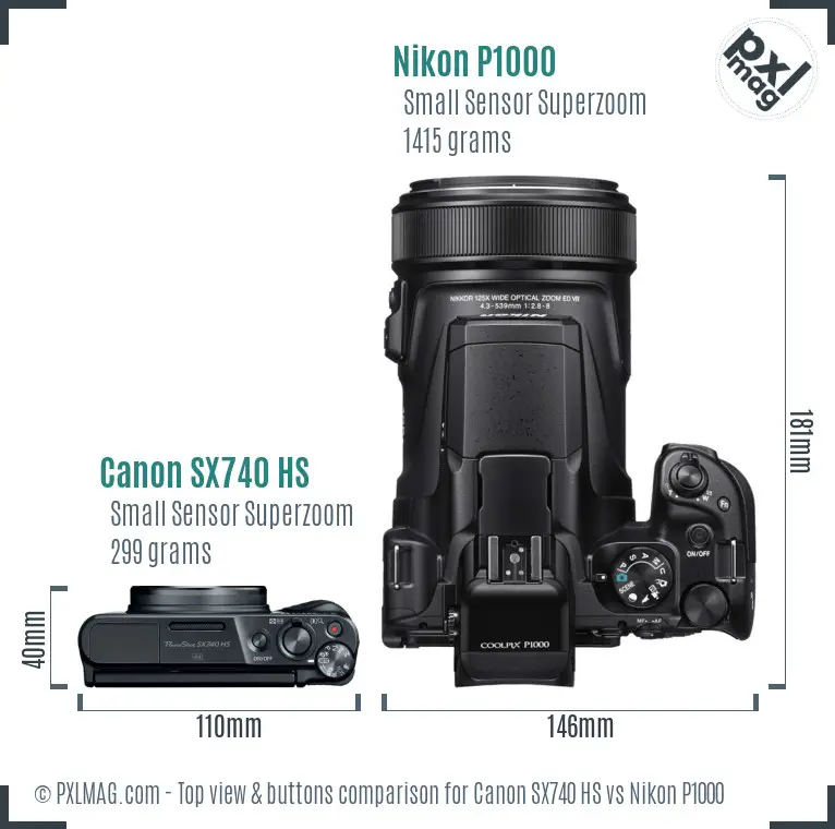Canon SX740 HS vs Nikon P1000 top view buttons comparison
