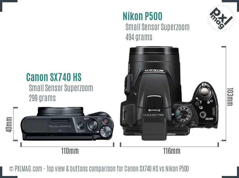 Canon SX740 HS vs Nikon P500 top view buttons comparison