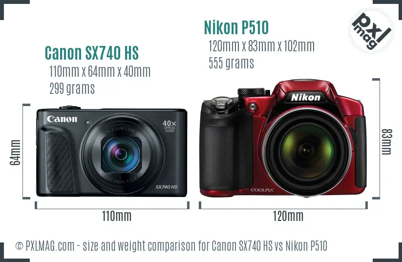 Canon SX740 HS vs Nikon P510 size comparison