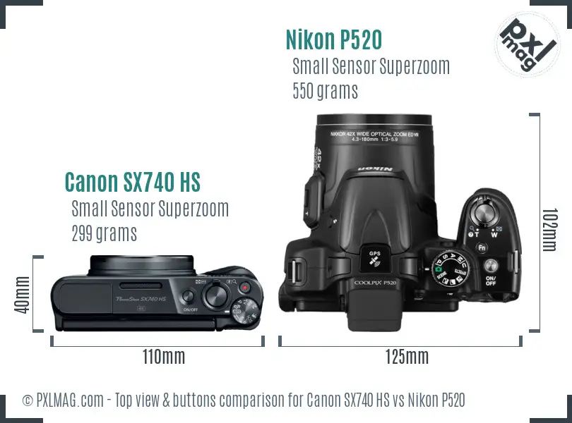 Canon SX740 HS vs Nikon P520 top view buttons comparison