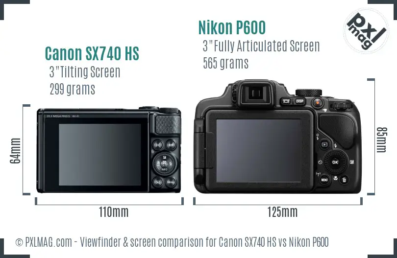 Canon SX740 HS vs Nikon P600 Screen and Viewfinder comparison