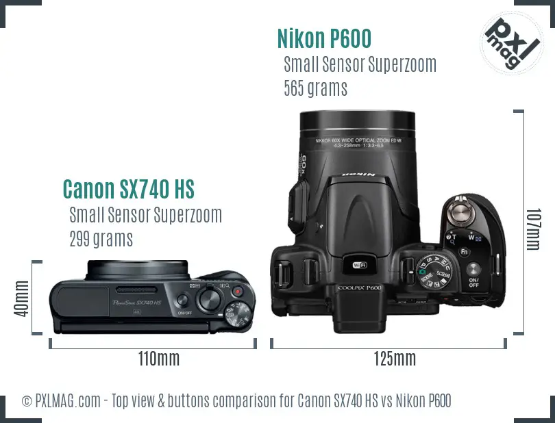 Canon SX740 HS vs Nikon P600 top view buttons comparison