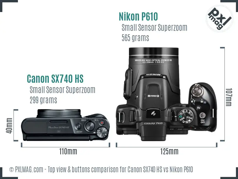 Canon SX740 HS vs Nikon P610 top view buttons comparison