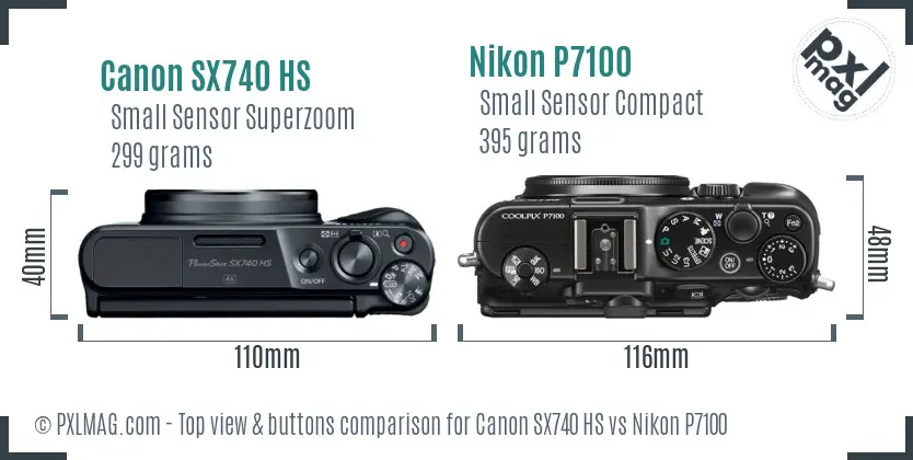 Canon SX740 HS vs Nikon P7100 top view buttons comparison