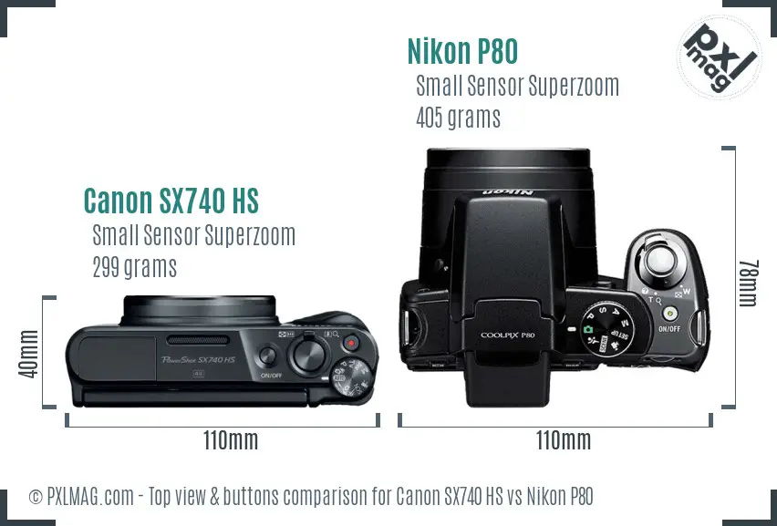 Canon SX740 HS vs Nikon P80 top view buttons comparison