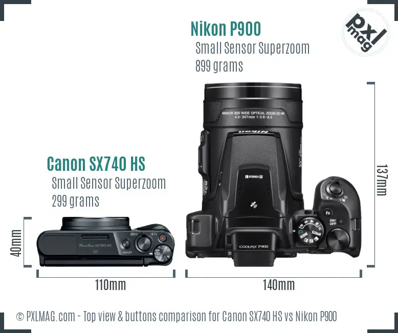 Canon SX740 HS vs Nikon P900 top view buttons comparison
