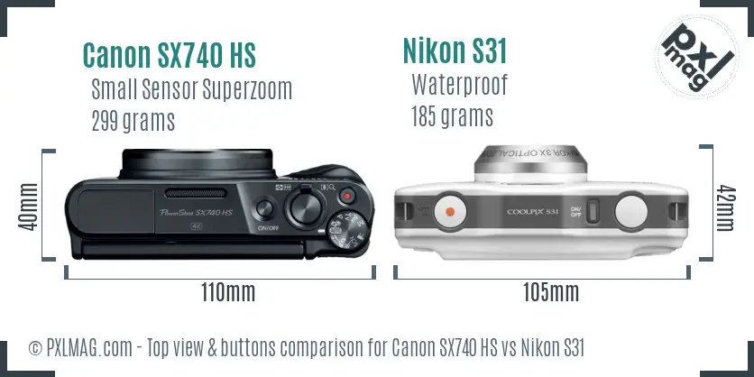 Canon SX740 HS vs Nikon S31 top view buttons comparison Canon SX740 HS vs Nikon S31 top view buttons comparison