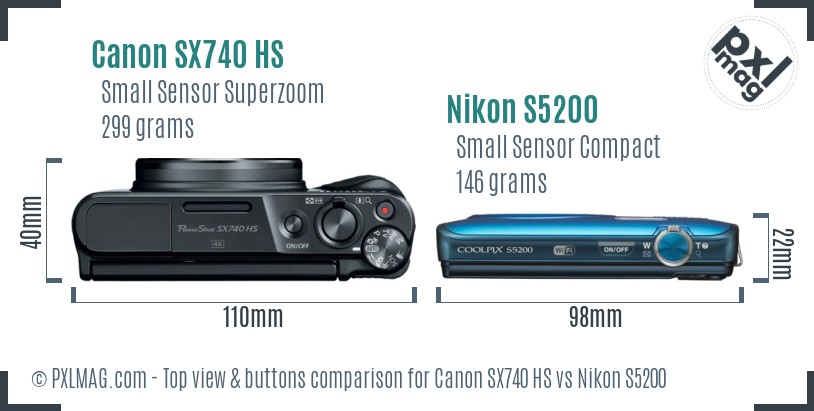 Canon SX740 HS vs Nikon S5200 top view buttons comparison