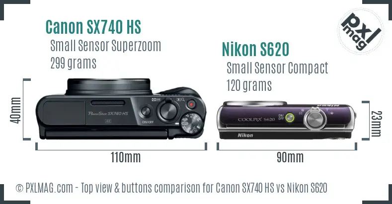 Canon SX740 HS vs Nikon S620 top view buttons comparison