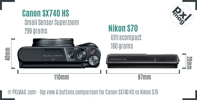 Canon SX740 HS vs Nikon S70 top view buttons comparison
