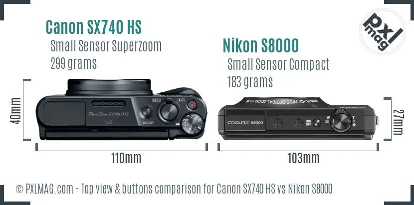 Canon SX740 HS vs Nikon S8000 top view buttons comparison