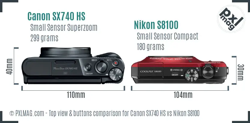 Canon SX740 HS vs Nikon S8100 top view buttons comparison