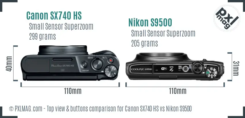 Canon SX740 HS vs Nikon S9500 top view buttons comparison