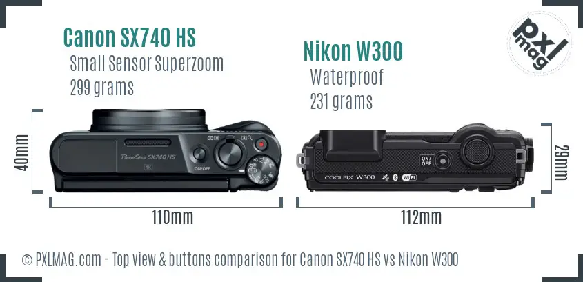 Canon SX740 HS vs Nikon W300 top view buttons comparison