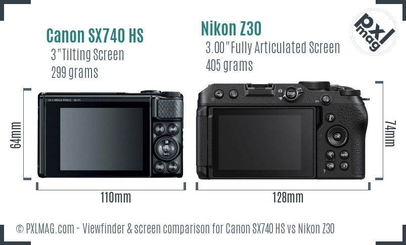 Canon SX740 HS vs Nikon Z30 Screen and Viewfinder comparison