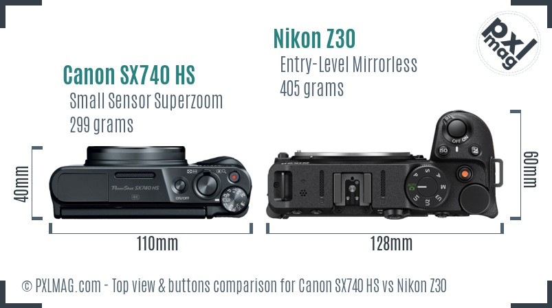Canon SX740 HS vs Nikon Z30 top view buttons comparison
