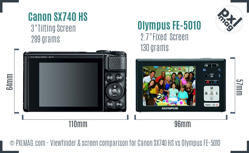 Canon SX740 HS vs Olympus FE-5010 Screen and Viewfinder comparison