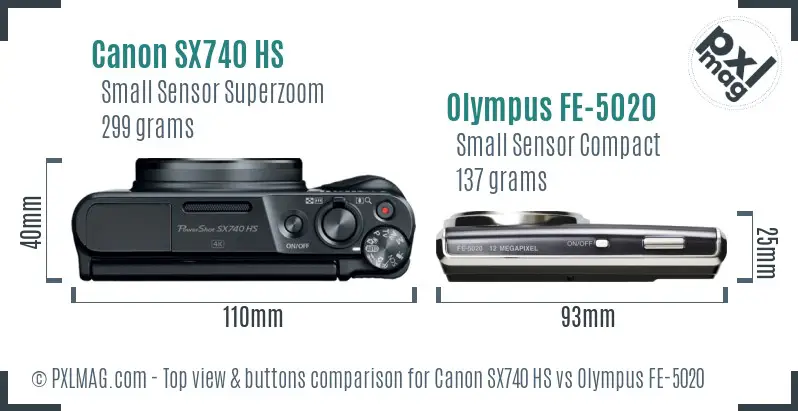 Canon SX740 HS vs Olympus FE-5020 top view buttons comparison Canon SX740 HS vs Olympus FE-5020 top view buttons comparison