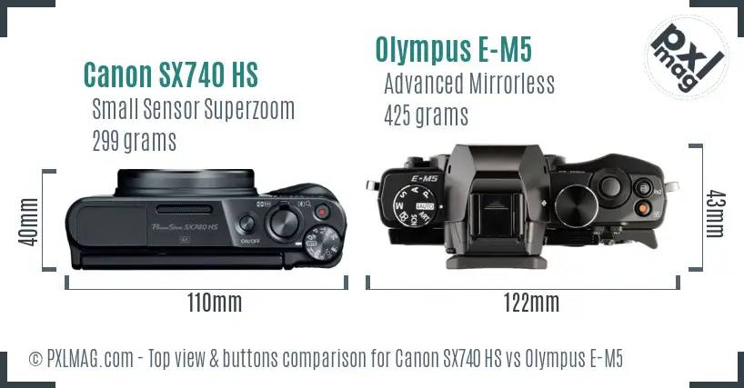 Canon SX740 HS vs Olympus E-M5 top view buttons comparison
