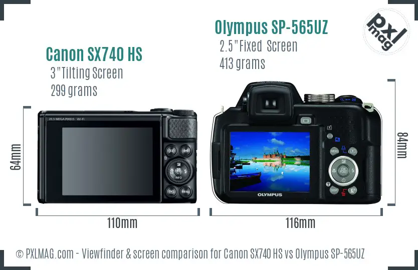 Canon SX740 HS vs Olympus SP-565UZ Screen and Viewfinder comparison