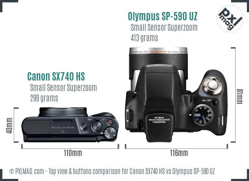 Canon SX740 HS vs Olympus SP-590 UZ top view buttons comparison
