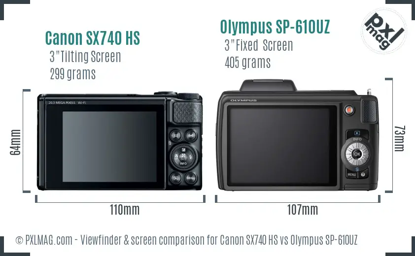 Canon SX740 HS vs Olympus SP-610UZ Screen and Viewfinder comparison
