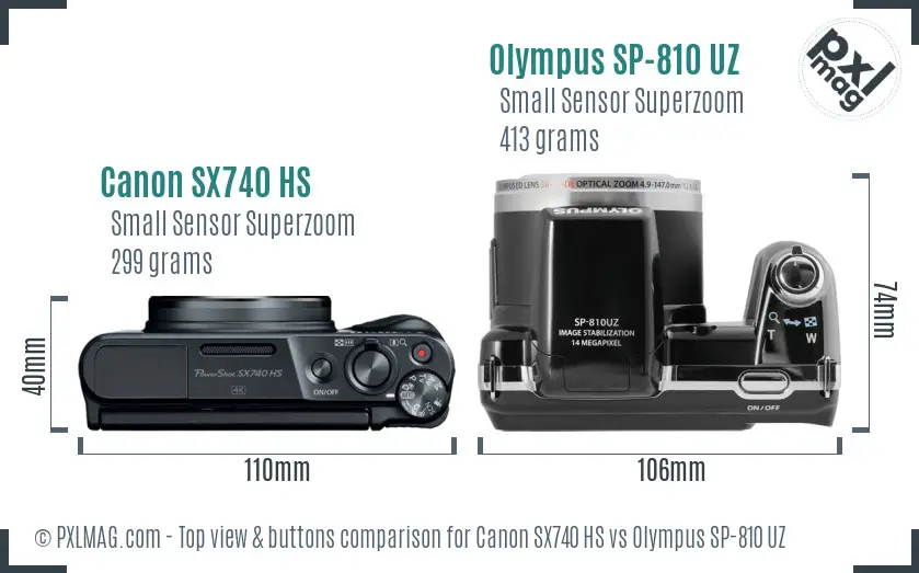 Canon SX740 HS vs Olympus SP-810 UZ top view buttons comparison