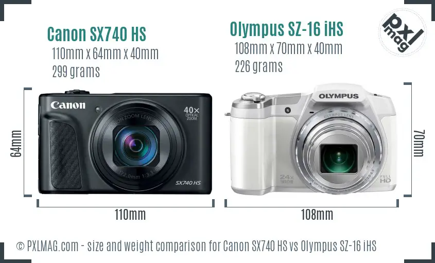 Canon SX740 HS vs Olympus SZ-16 iHS size comparison