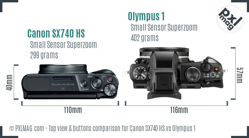 Canon SX740 HS vs Olympus 1 top view buttons comparison
