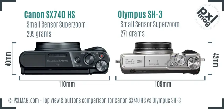 Canon SX740 HS vs Olympus SH-3 top view buttons comparison