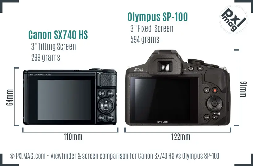 Canon SX740 HS vs Olympus SP-100 Screen and Viewfinder comparison