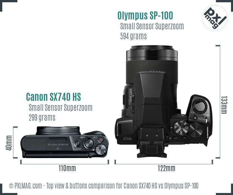 Canon SX740 HS vs Olympus SP-100 top view buttons comparison