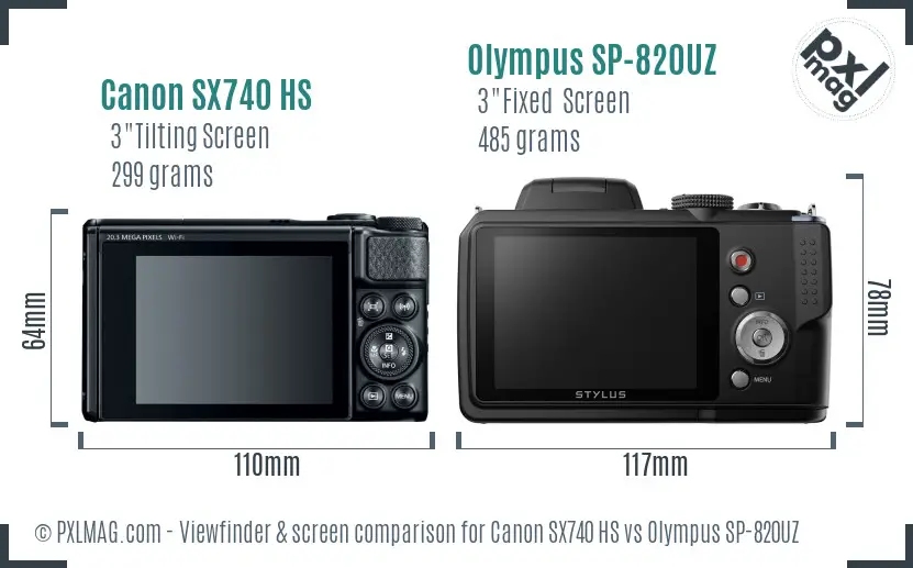 Canon SX740 HS vs Olympus SP-820UZ Screen and Viewfinder comparison