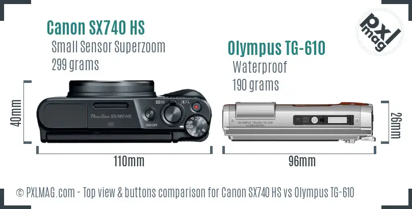 Canon SX740 HS vs Olympus TG-610 top view buttons comparison Canon SX740 HS vs Olympus TG-610 top view buttons comparison