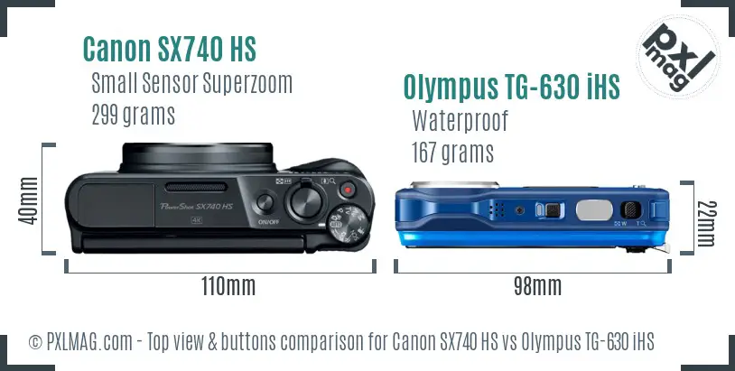 Canon SX740 HS vs Olympus TG-630 iHS top view buttons comparison Canon SX740 HS vs Olympus TG-630 iHS top view buttons comparison