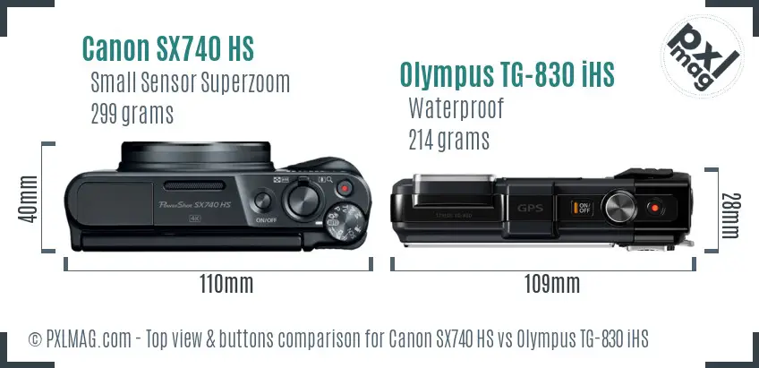 Canon SX740 HS vs Olympus TG-830 iHS top view buttons comparison Canon SX740 HS vs Olympus TG-830 iHS top view buttons comparison
