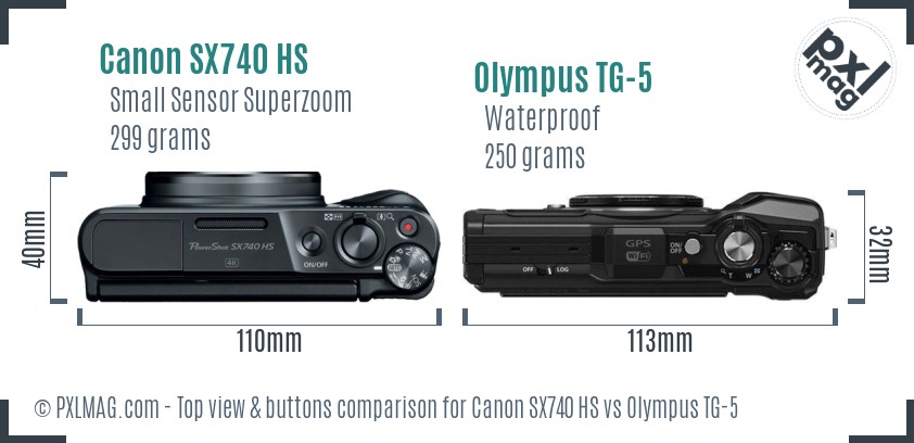 Canon SX740 HS vs Olympus TG-5 top view buttons comparison