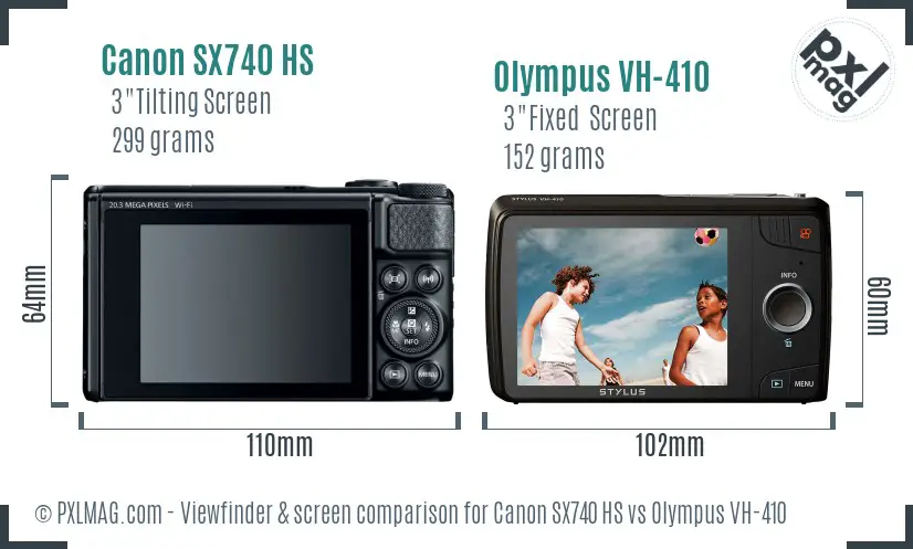 Canon SX740 HS vs Olympus VH-410 Screen and Viewfinder comparison