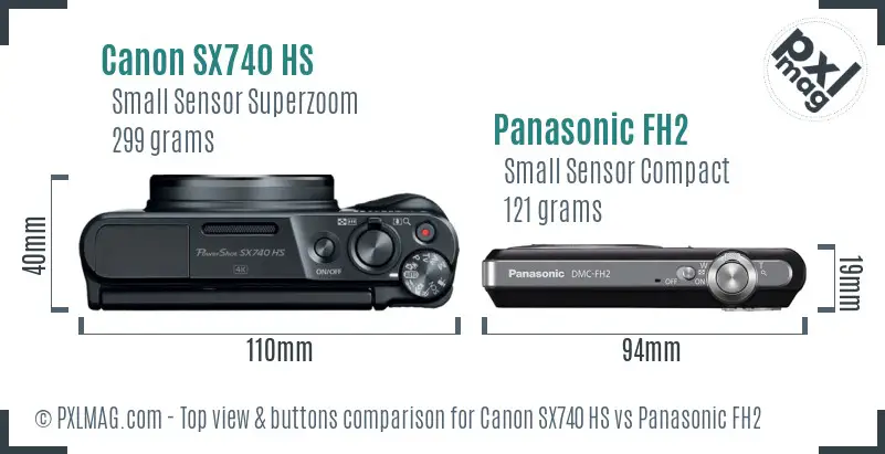Canon SX740 HS vs Panasonic FH2 top view buttons comparison Canon SX740 HS vs Panasonic FH2 top view buttons comparison