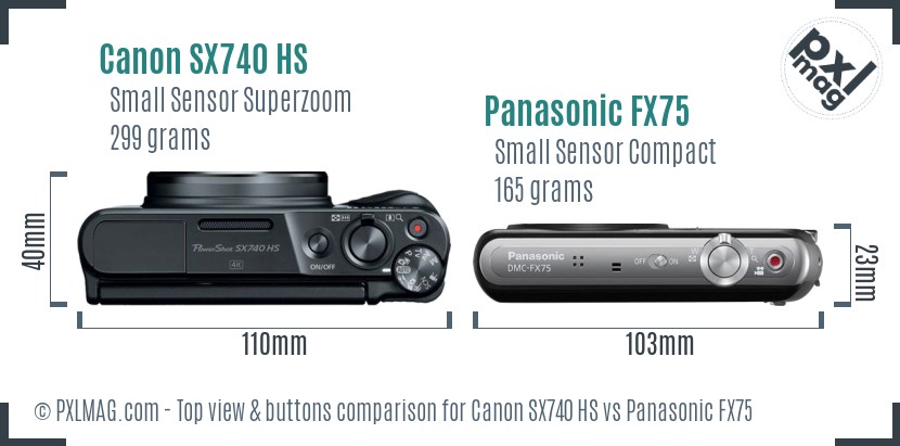 Canon SX740 HS vs Panasonic FX75 top view buttons comparison