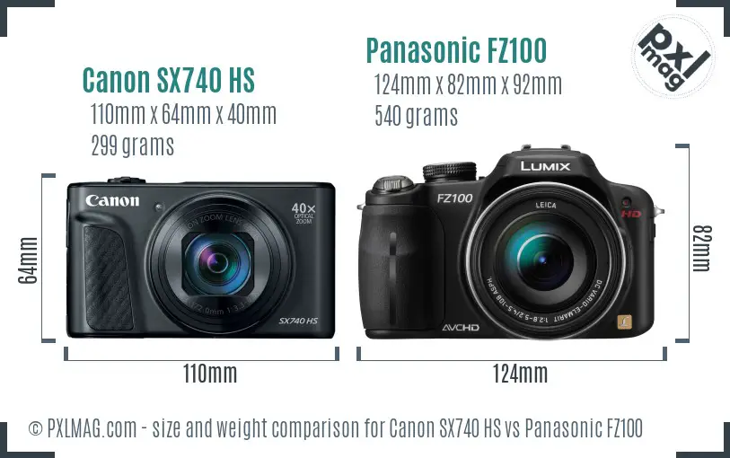 Canon SX740 HS vs Panasonic FZ100 size comparison