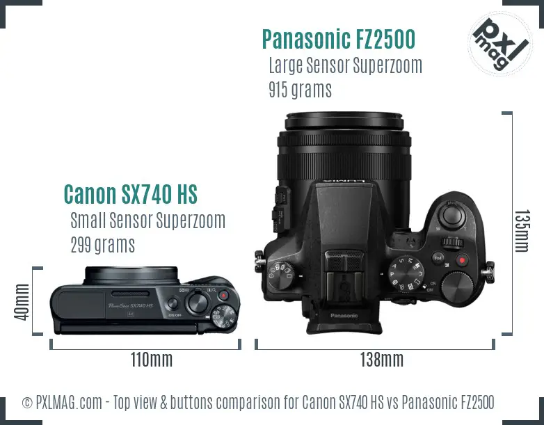Canon SX740 HS vs Panasonic FZ2500 top view buttons comparison Canon SX740 HS vs Panasonic FZ2500 top view buttons comparison