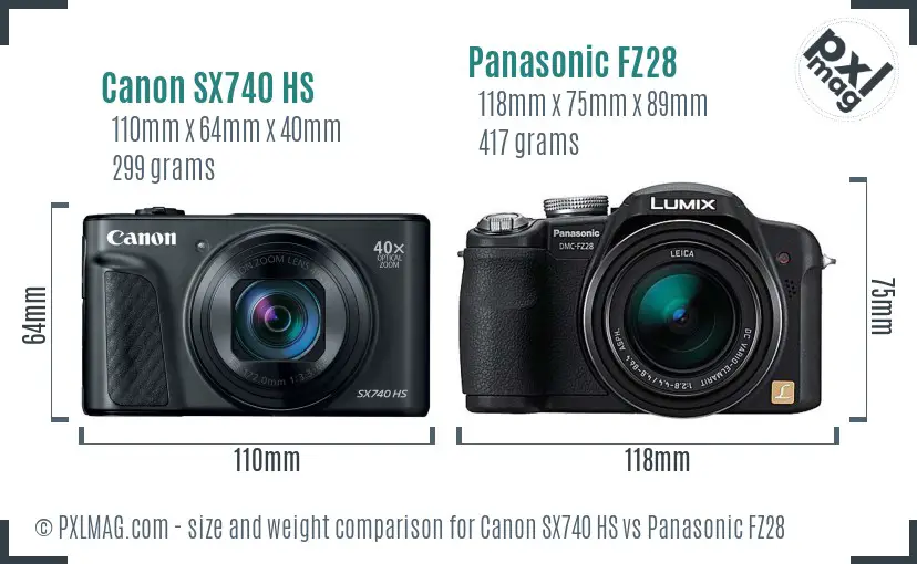 Canon SX740 HS vs Panasonic FZ28 size comparison