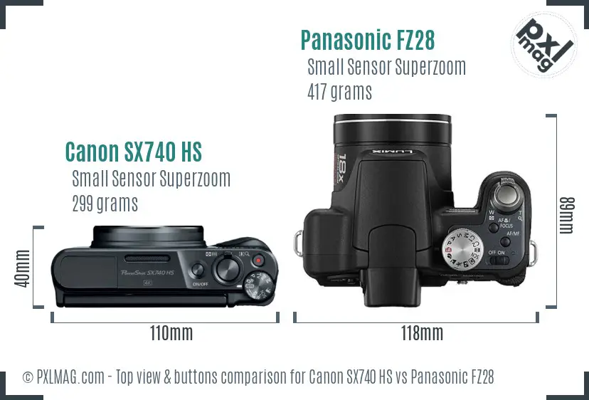 Canon SX740 HS vs Panasonic FZ28 top view buttons comparison