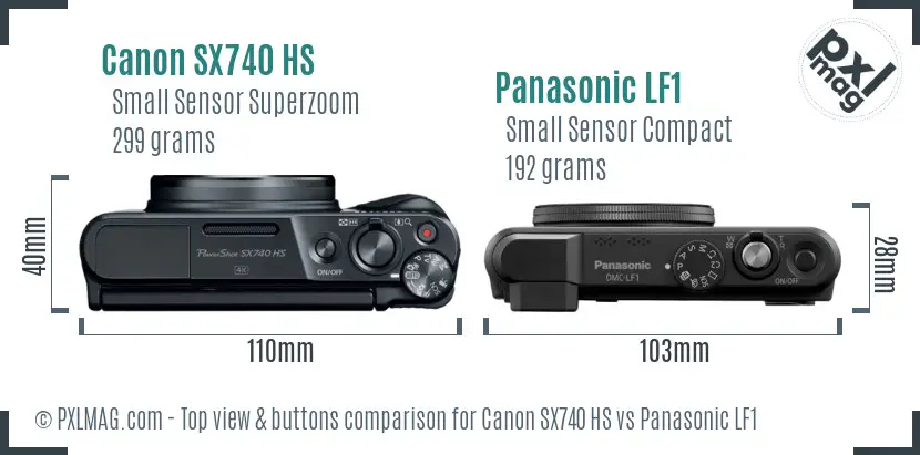 Canon SX740 HS vs Panasonic LF1 top view buttons comparison Canon SX740 HS vs Panasonic LF1 top view buttons comparison