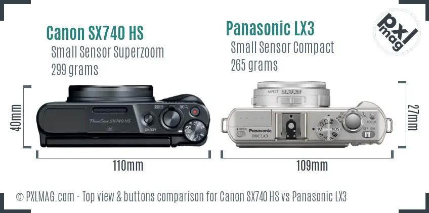 Canon SX740 HS vs Panasonic LX3 top view buttons comparison