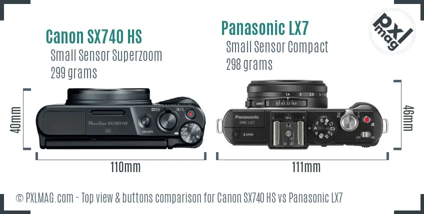 Canon SX740 HS vs Panasonic LX7 top view buttons comparison