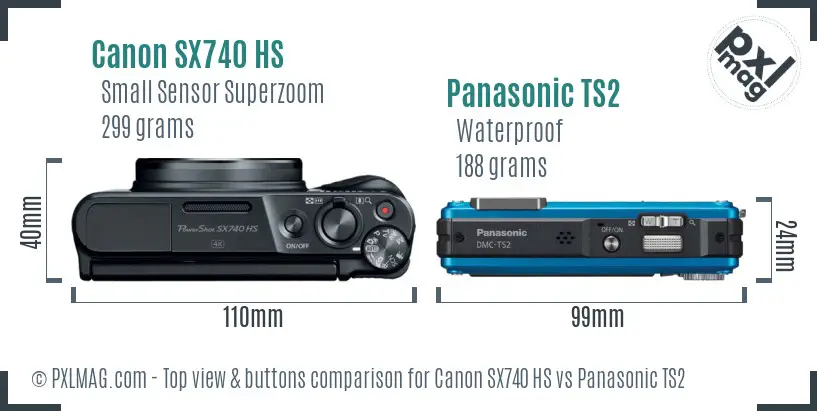 Canon SX740 HS vs Panasonic TS2 top view buttons comparison Canon SX740 HS vs Panasonic TS2 top view buttons comparison