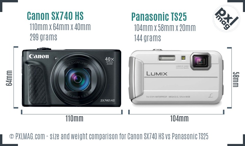Canon SX740 HS vs Panasonic TS25 size comparison