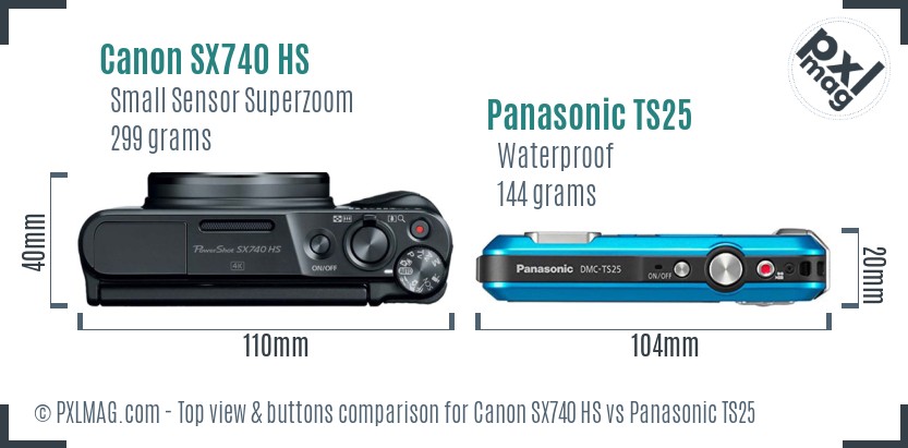 Canon SX740 HS vs Panasonic TS25 top view buttons comparison